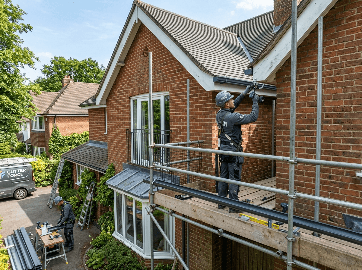 Flat roof felt covering being applied to a house extension